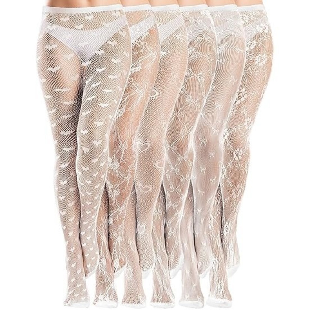 Set of 6 Ramede Women's XL White Love Style Fishnet Thigh High Stockings Waist